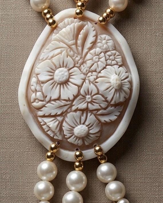 Collana multifilo in perle e cameo floreale in conchiglia.