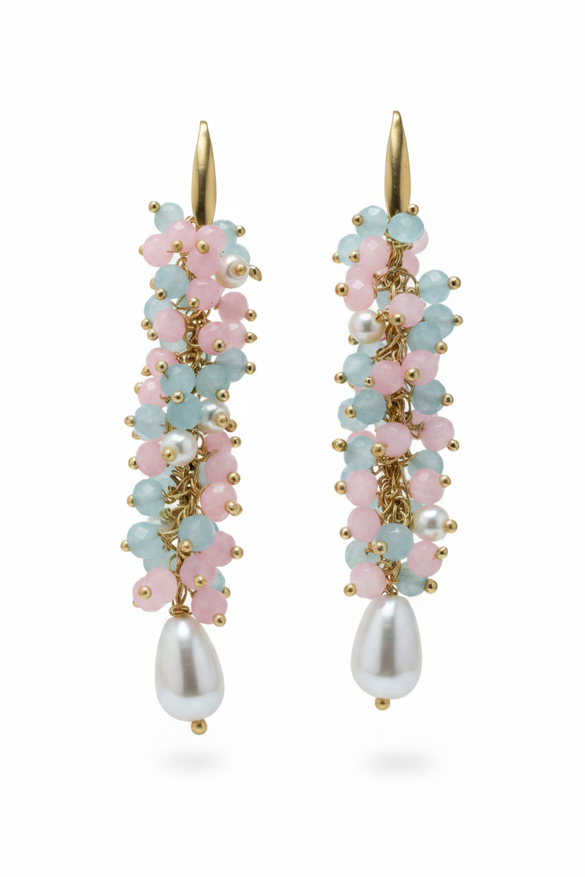 Orecchini Pendenti Donna in Cristalli Celesti, Rosa e Perle di Fiume | Handmade Italia