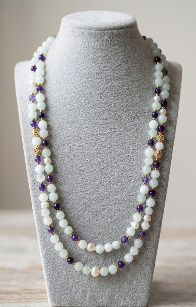 Collana Girocollo Multifilo in Agata, Giadeite, Perle di Fiume e Cristalli | Handmade