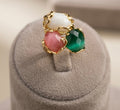 Anello Regolabile in Bronzo Dorato con Occhi di Gatto Verde, Bianco e Rosa | Handmade