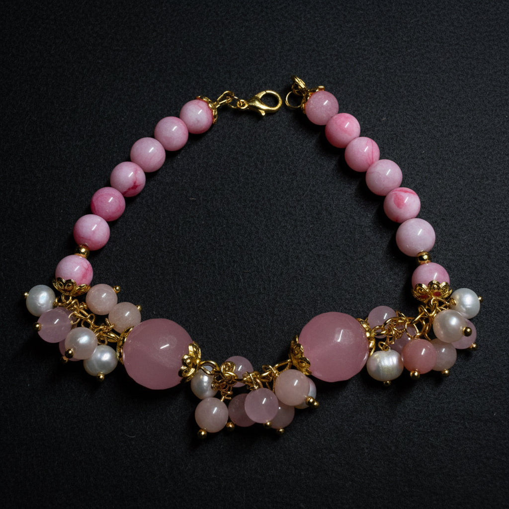 Bracciale Donna in Quarzo Rosa, Giada e Perle di Fiume | Handmade Italia