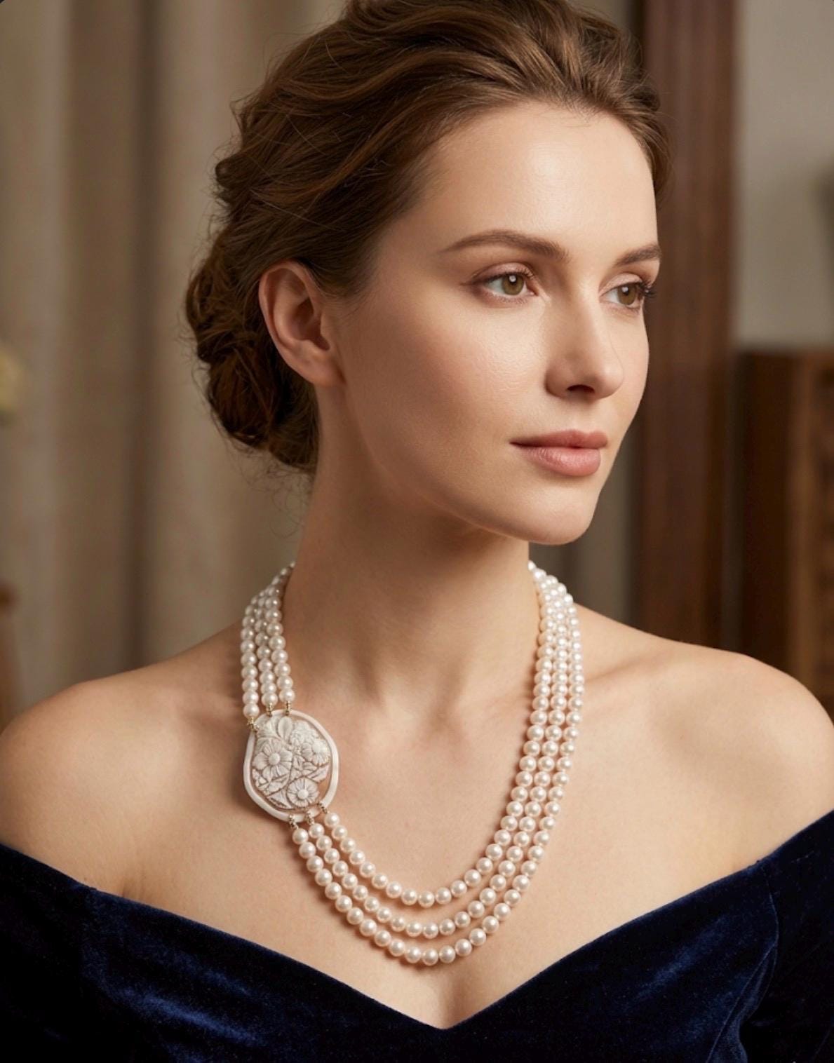 Collana multifilo in perle e cameo floreale in conchiglia.