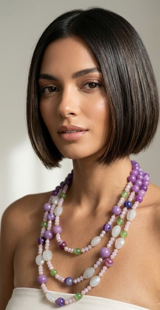 Collana Multifilo in Pietra Naturale Lilla, Viola e Bianca | Handmade Italia