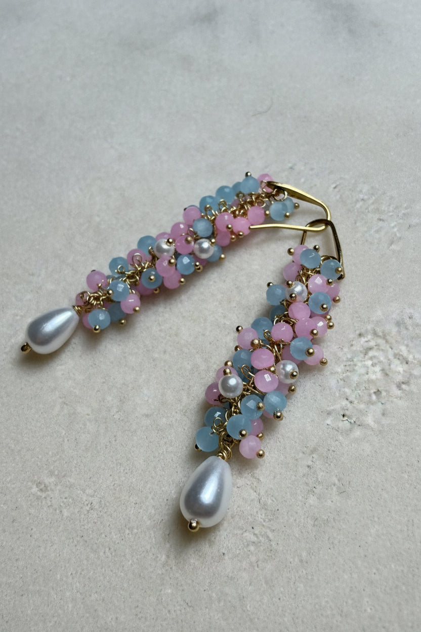 Orecchini Pendenti Donna in Cristalli Celesti, Rosa e Perle di Fiume | Handmade Italia