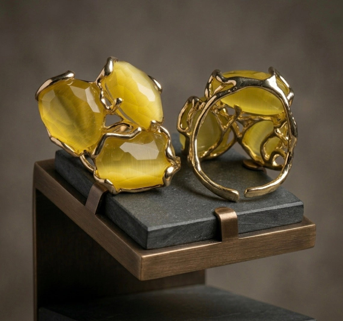Anello Regolabile in Bronzo Dorato con Occhio di Gatto Giallo | Handmade Italia