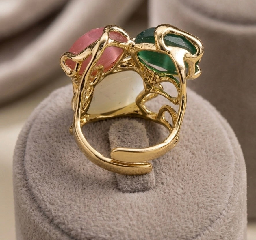 Anello Regolabile in Bronzo Dorato con Occhi di Gatto Verde, Bianco e Rosa | Handmade