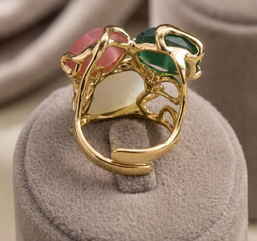Anello Regolabile in Bronzo Dorato con Occhi di Gatto Verde, Bianco e Rosa | Handmade