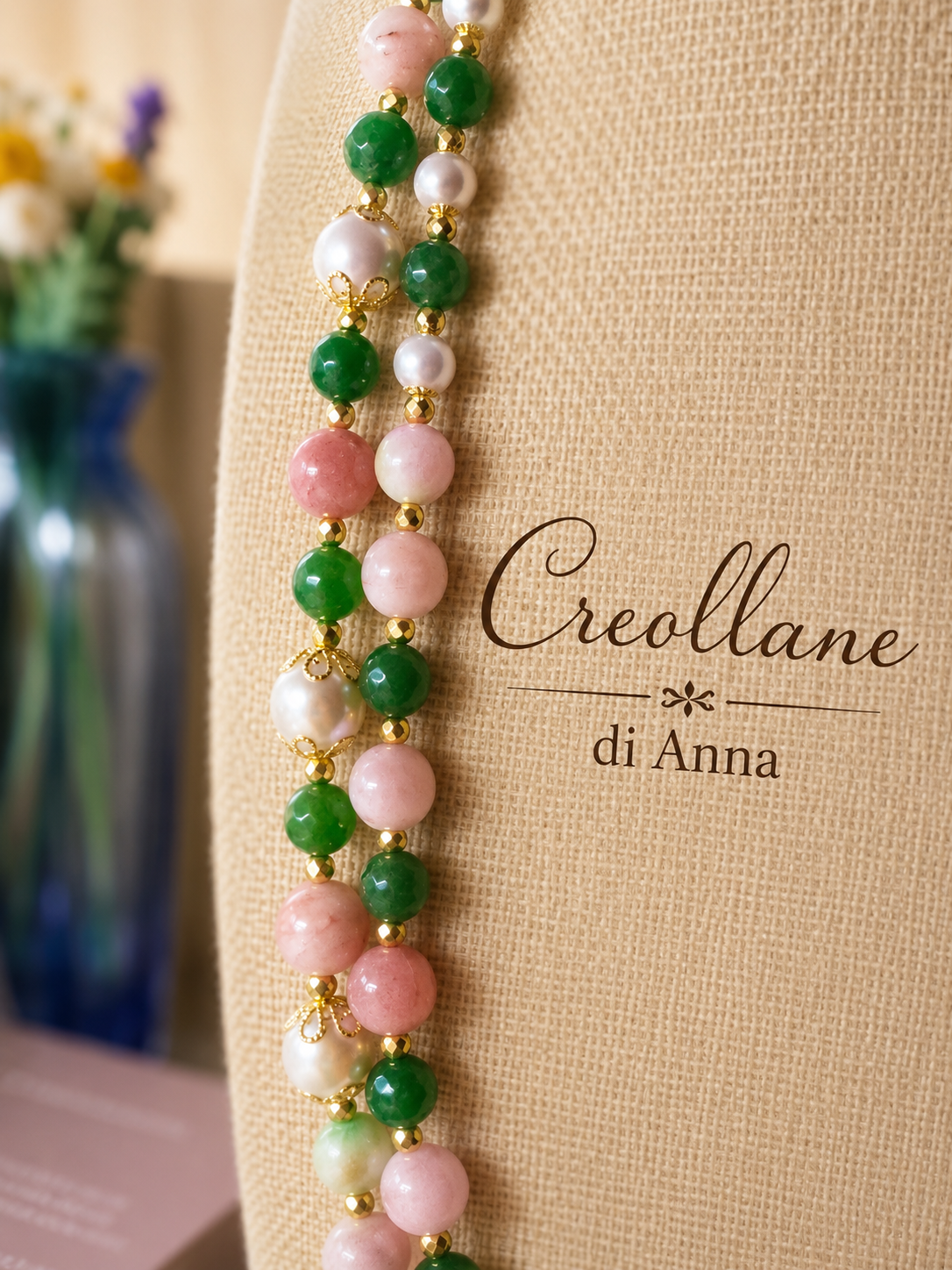 Collana Doppio Filo Pietre Naturali – Opale Rosa, Quarzite Giada Anguria, Crisoprasio, Perle Maiorca, Ematite Oro