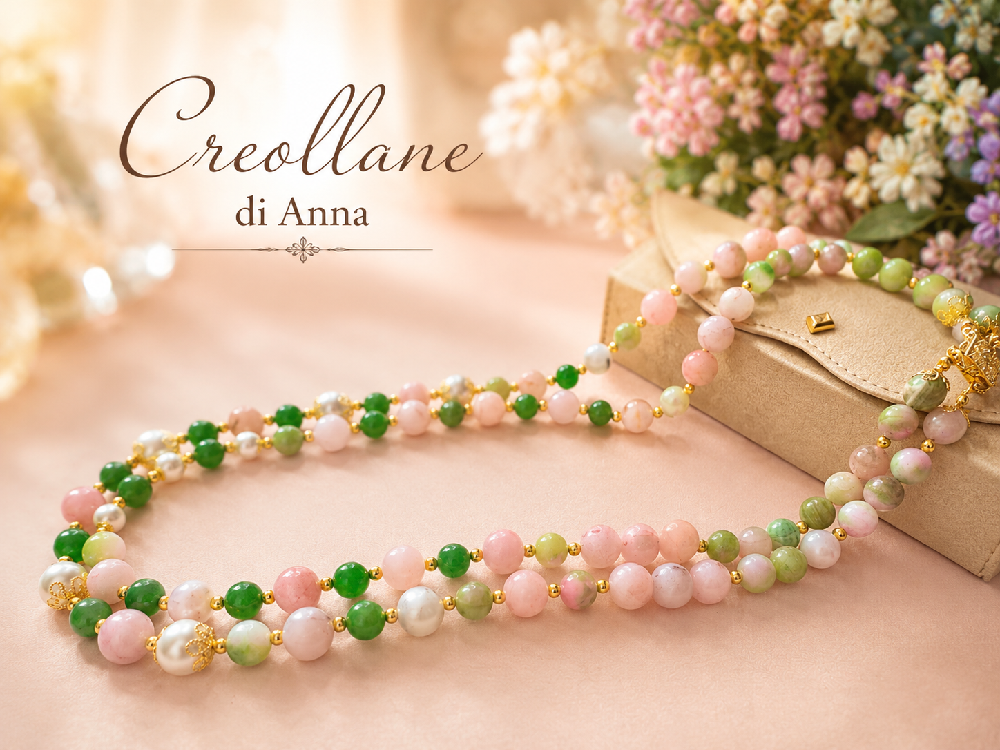 Collana Doppio Filo Pietre Naturali – Opale Rosa, Quarzite Giada Anguria, Crisoprasio, Perle Maiorca, Ematite Oro