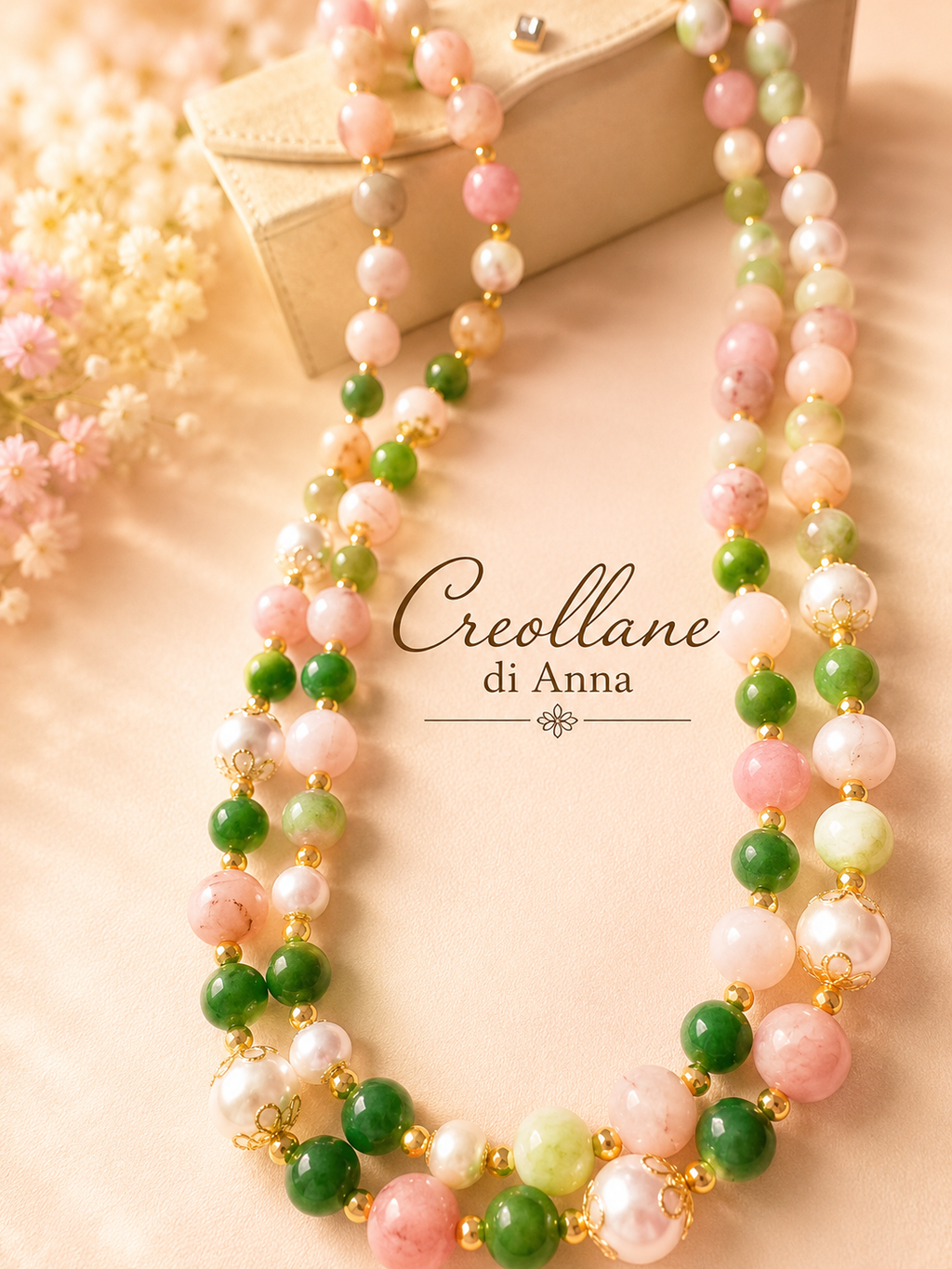 Collana Doppio Filo Pietre Naturali – Opale Rosa, Quarzite Giada Anguria, Crisoprasio, Perle Maiorca, Ematite Oro