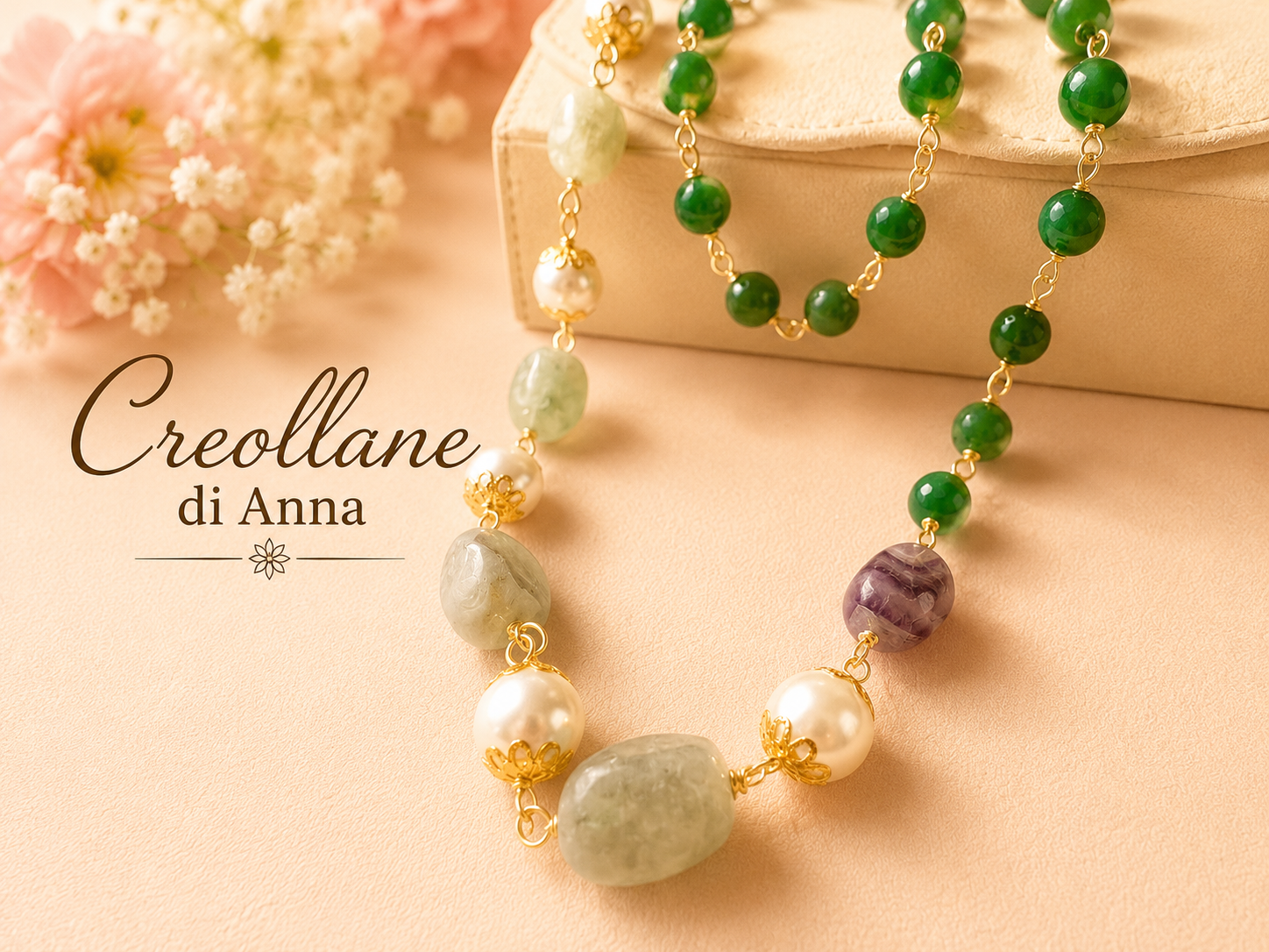 Collana Rosario Pietre Naturali – Fluorite, Crisoprasio Verde e Perle di Maiorca Bianco Caldo