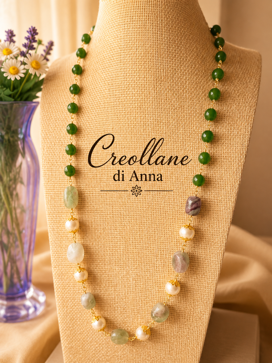 Collana Rosario Pietre Naturali – Fluorite, Crisoprasio Verde e Perle di Maiorca Bianco Caldo