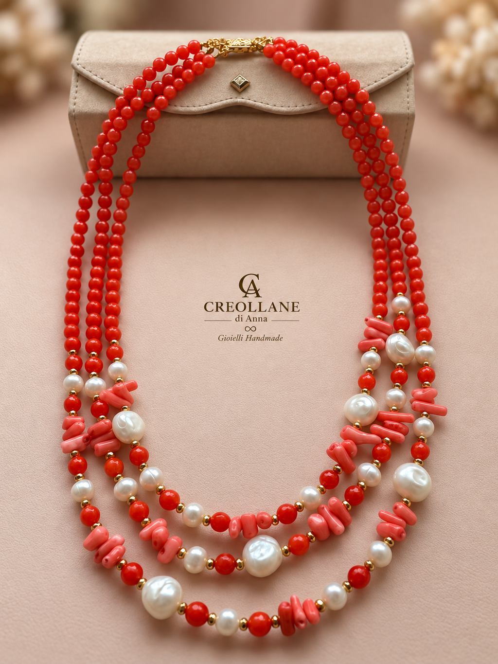 Collana Multifilo in Giada Giadite, Corallo Bambù, Perle di Fiume ed Ematite