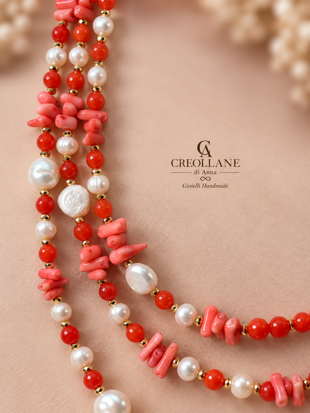 Collana Multifilo in Giada Giadite, Corallo Bambù, Perle di Fiume ed Ematite