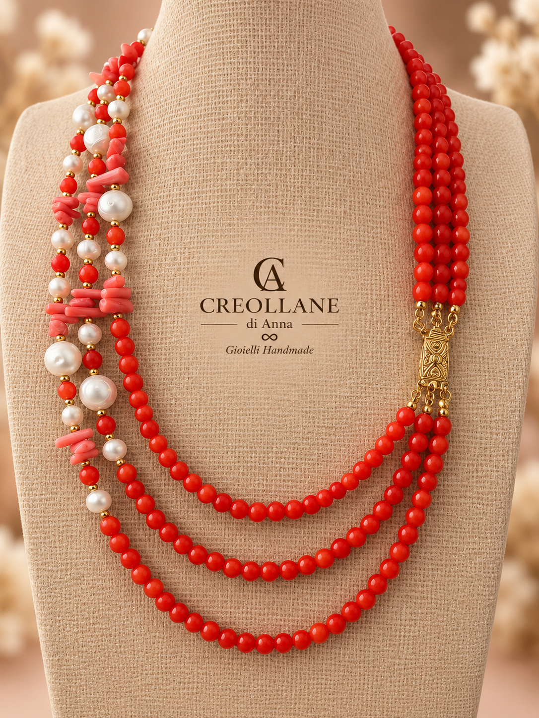 Collana Multifilo in Giada Giadite, Corallo Bambù, Perle di Fiume ed Ematite