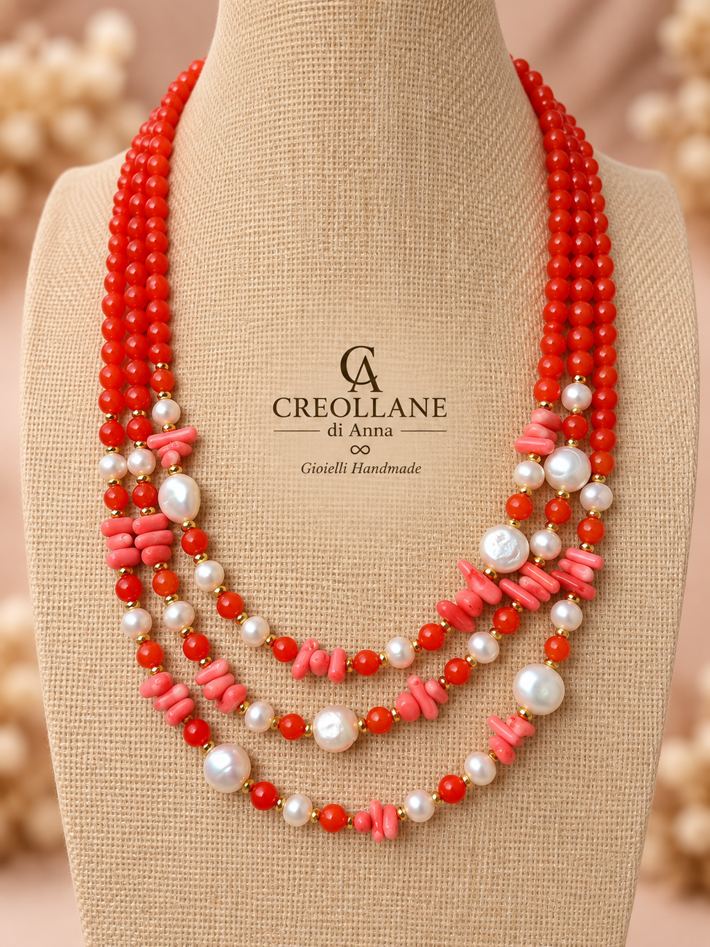 Collana Multifilo in Giada Giadite, Corallo Bambù, Perle di Fiume ed Ematite