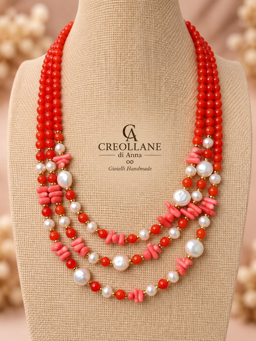 Collana Multifilo in Giada Giadite, Corallo Bambù, Perle di Fiume ed Ematite