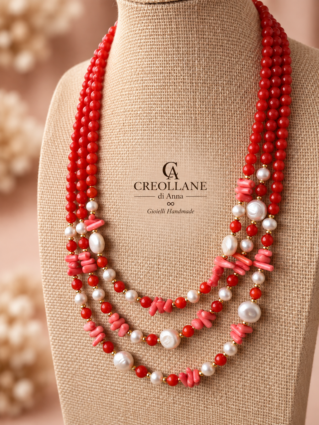Collana Multifilo in Giada Giadite, Corallo Bambù, Perle di Fiume ed Ematite
