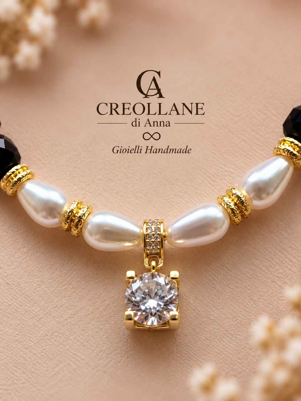 Collana Monofilo Onice Nero, Perle di Maiorca, Perle di Fiume e Pendente Pavè | Made in Italy
