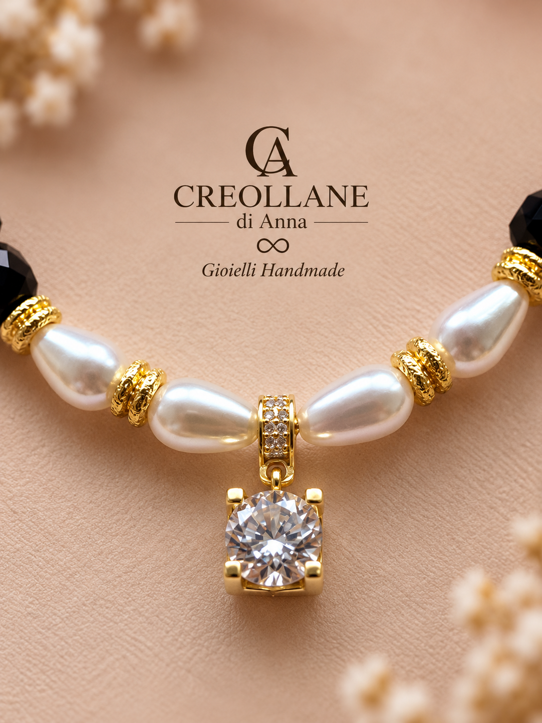 Collana Monofilo Onice Nero, Perle di Maiorca, Perle di Fiume e Pendente Pavè | Made in Italy