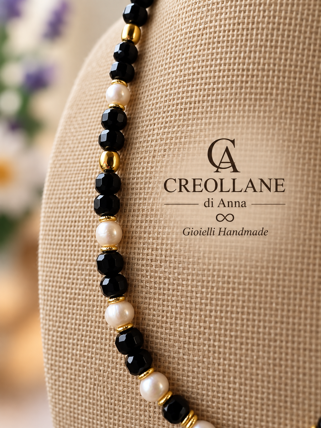 Collana Monofilo Onice Nero, Perle di Maiorca, Perle di Fiume e Pendente Pavè | Made in Italy