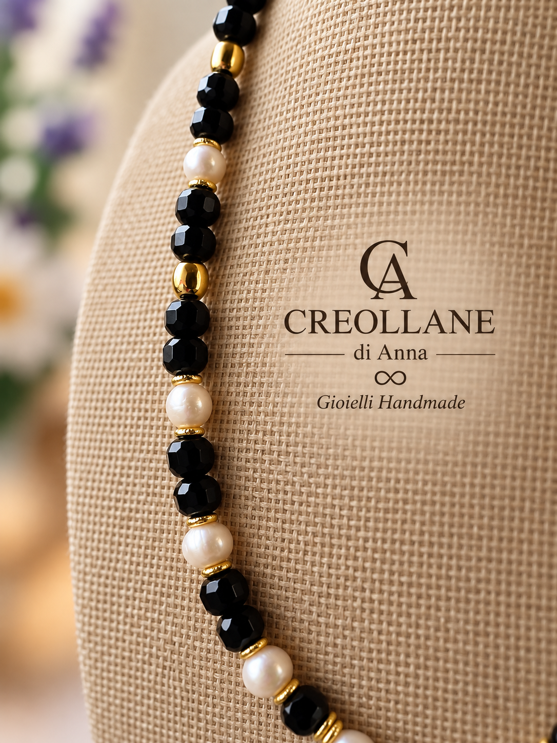 Collana Monofilo Onice Nero, Perle di Maiorca, Perle di Fiume e Pendente Pavè | Made in Italy