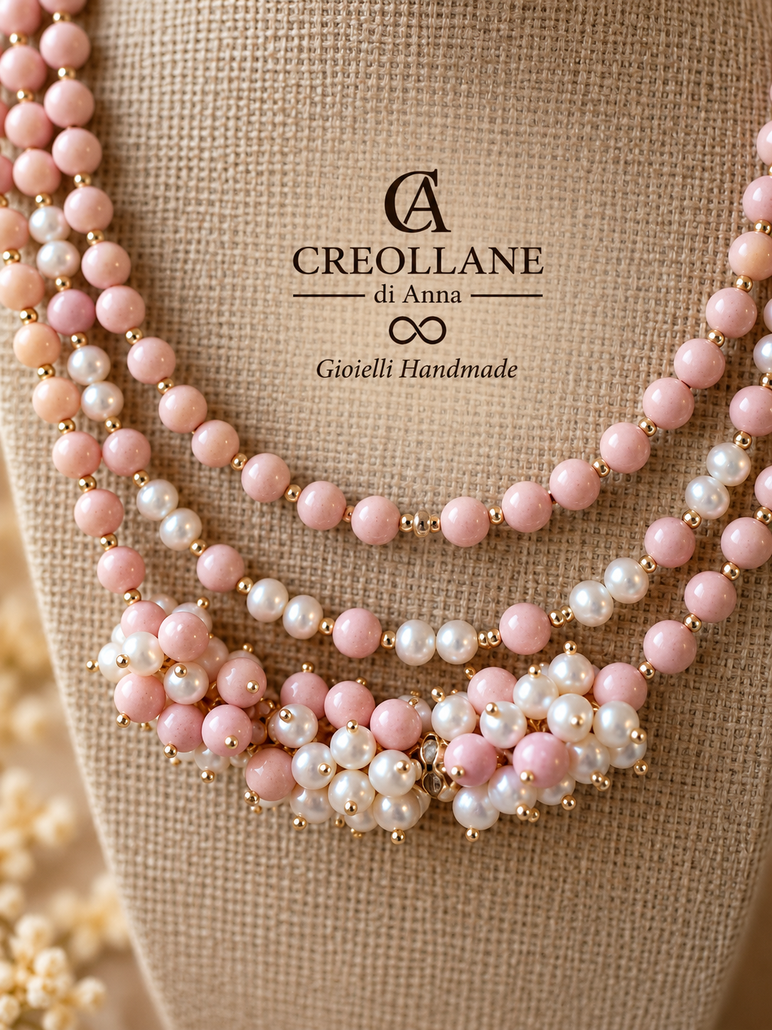 Collana Multifilo Perle di Maiorca Rosa, Ematite e Perle di Fiume | Made in Italy