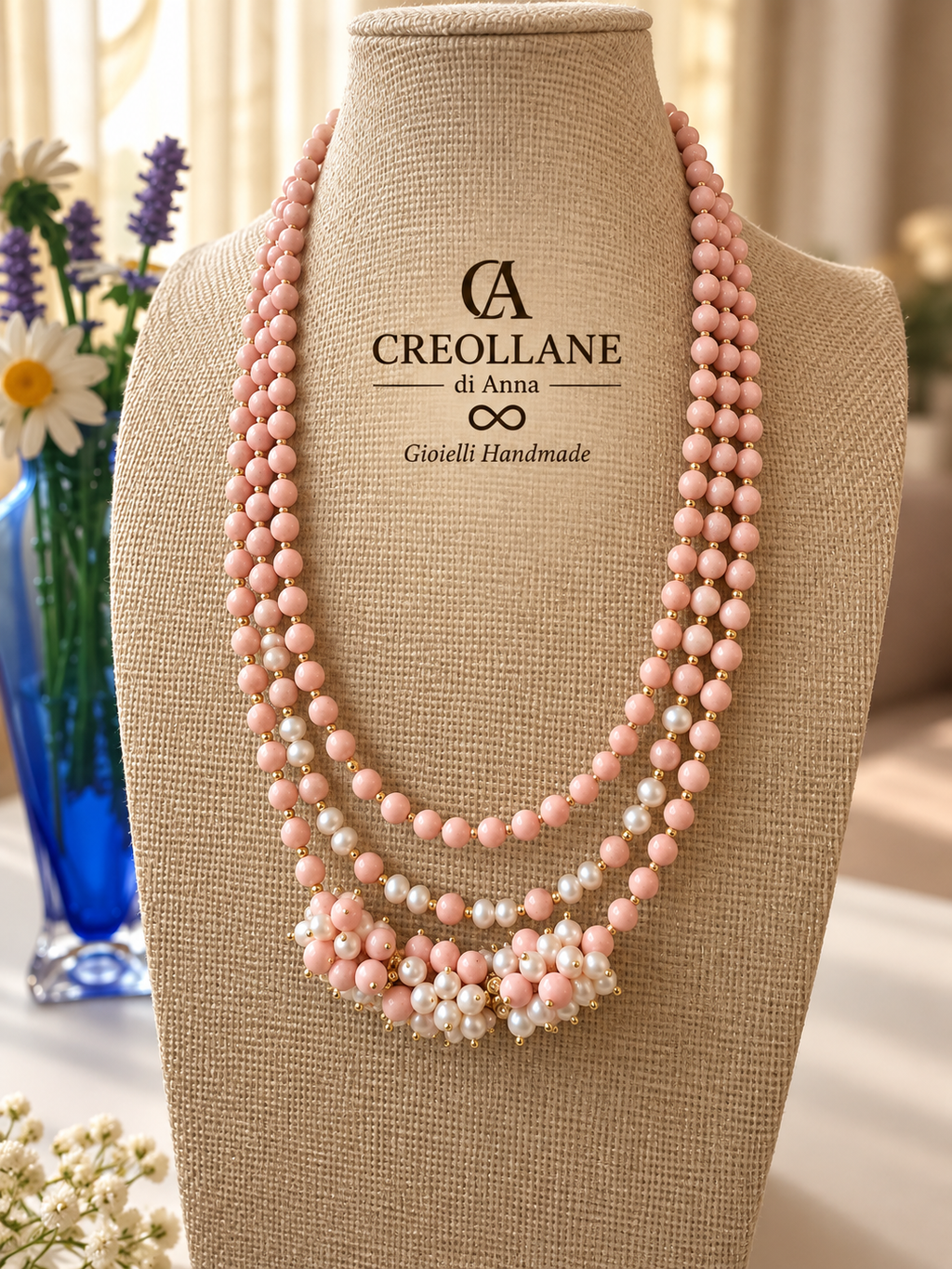 Collana Multifilo Perle di Maiorca Rosa, Ematite e Perle di Fiume | Made in Italy