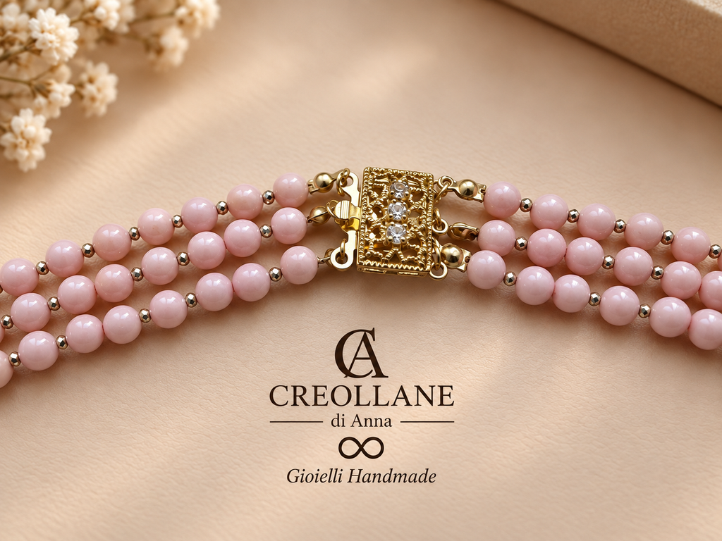Collana Multifilo Perle di Maiorca Rosa, Ematite e Perle di Fiume | Made in Italy