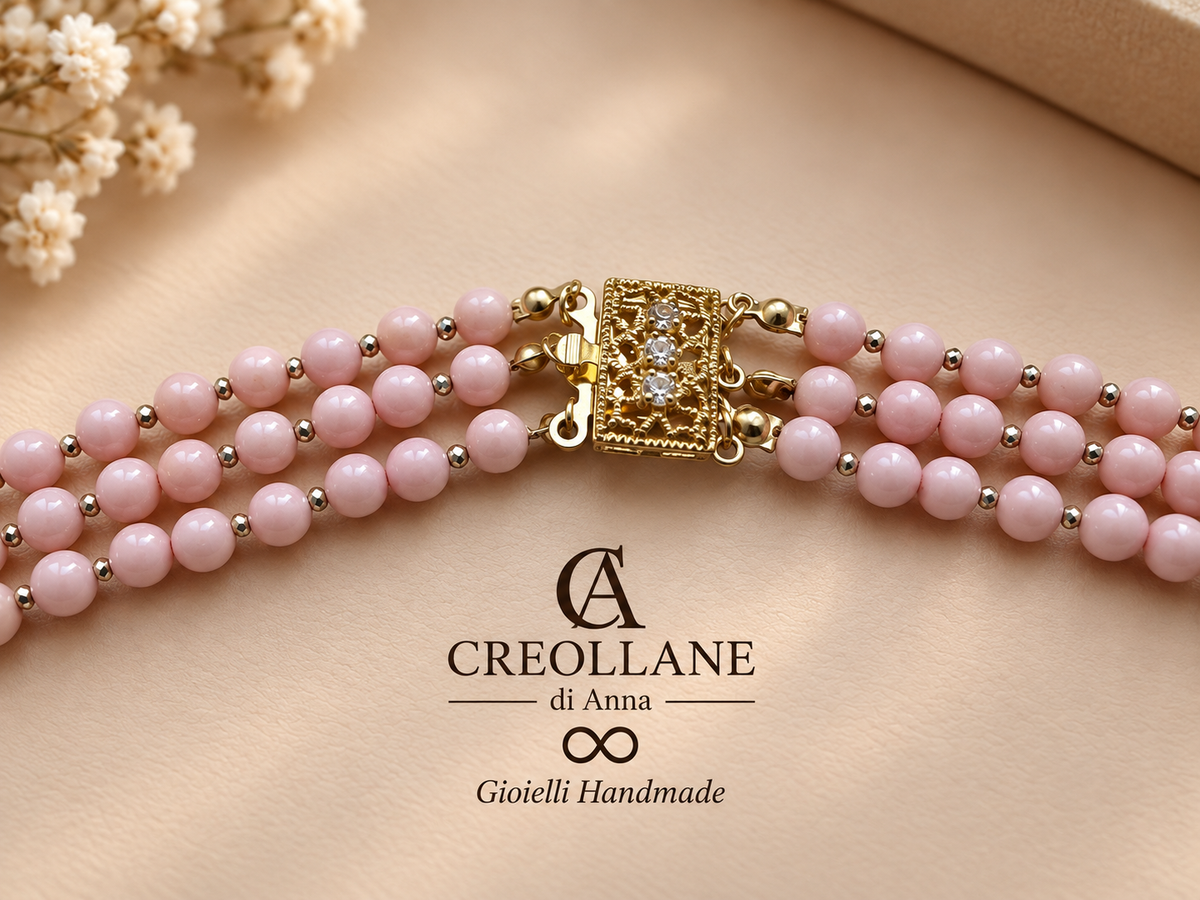 Collana Multifilo Perle di Maiorca Rosa, Ematite e Perle di Fiume | Made in Italy