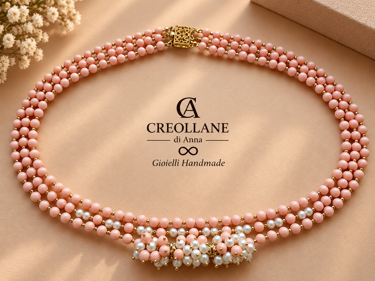 Collana Multifilo Perle di Maiorca Rosa, Ematite e Perle di Fiume | Made in Italy