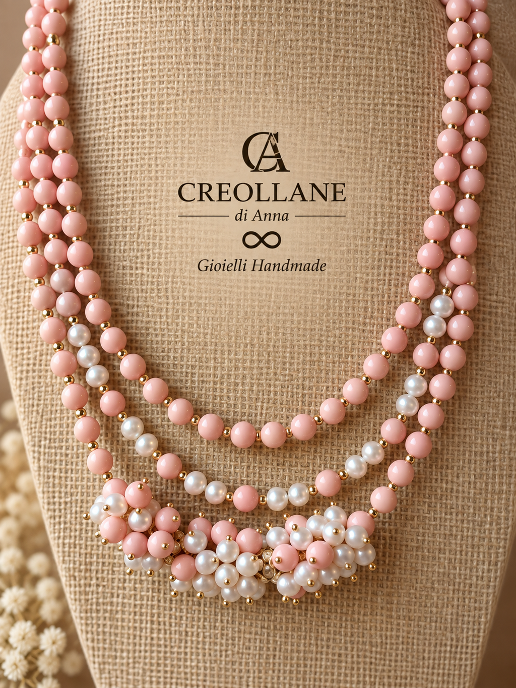 Collana Multifilo Perle di Maiorca Rosa, Ematite e Perle di Fiume | Made in Italy