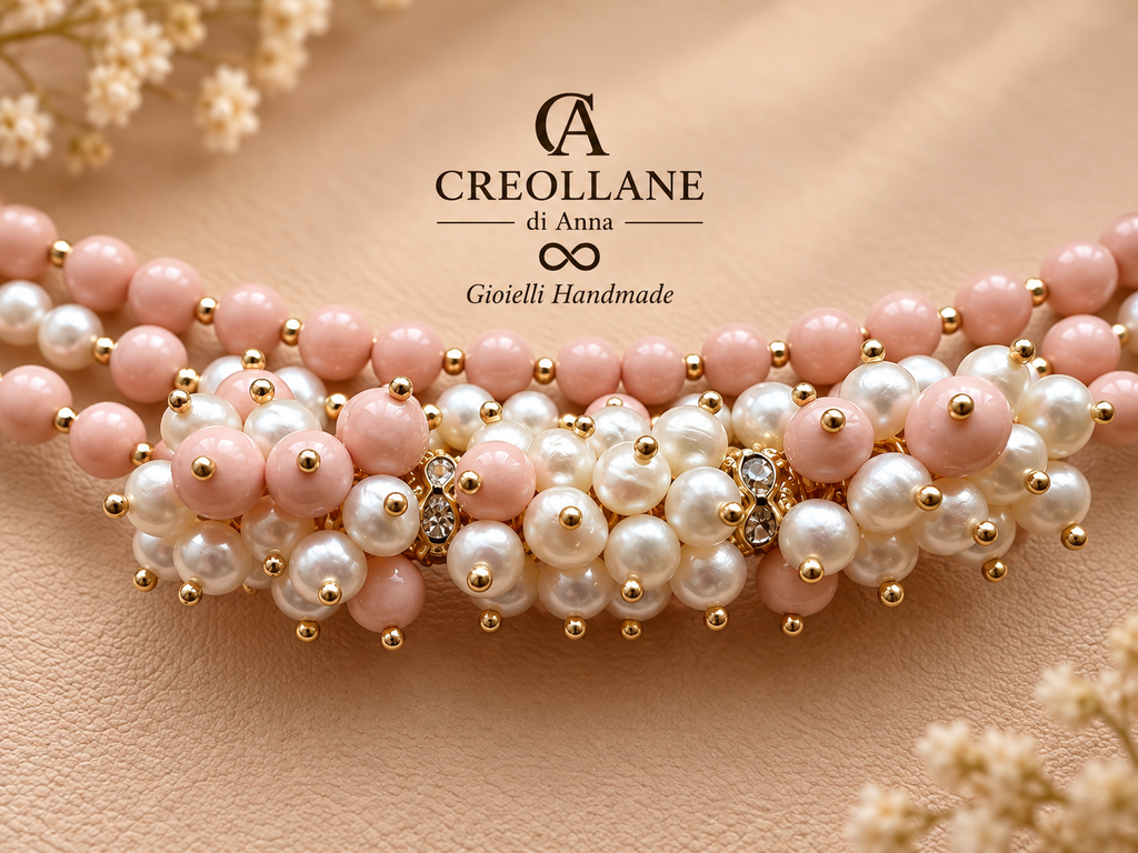 Collana Multifilo Perle di Maiorca Rosa, Ematite e Perle di Fiume | Made in Italy