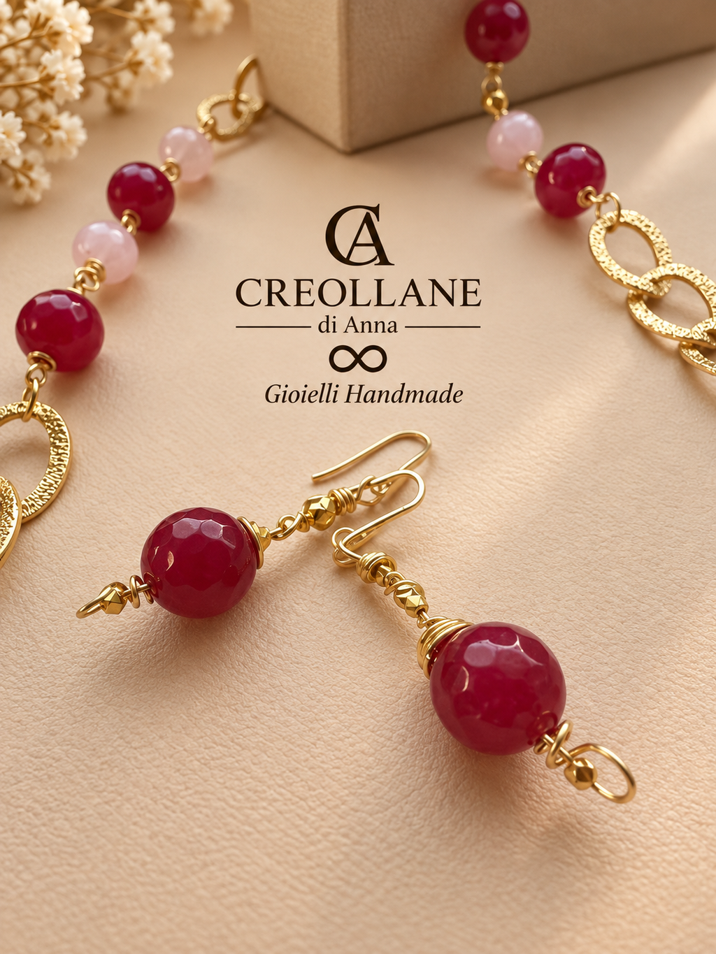 Collana e Orecchini Quarzo Rosa e Radice di Rubino | Made in Italy