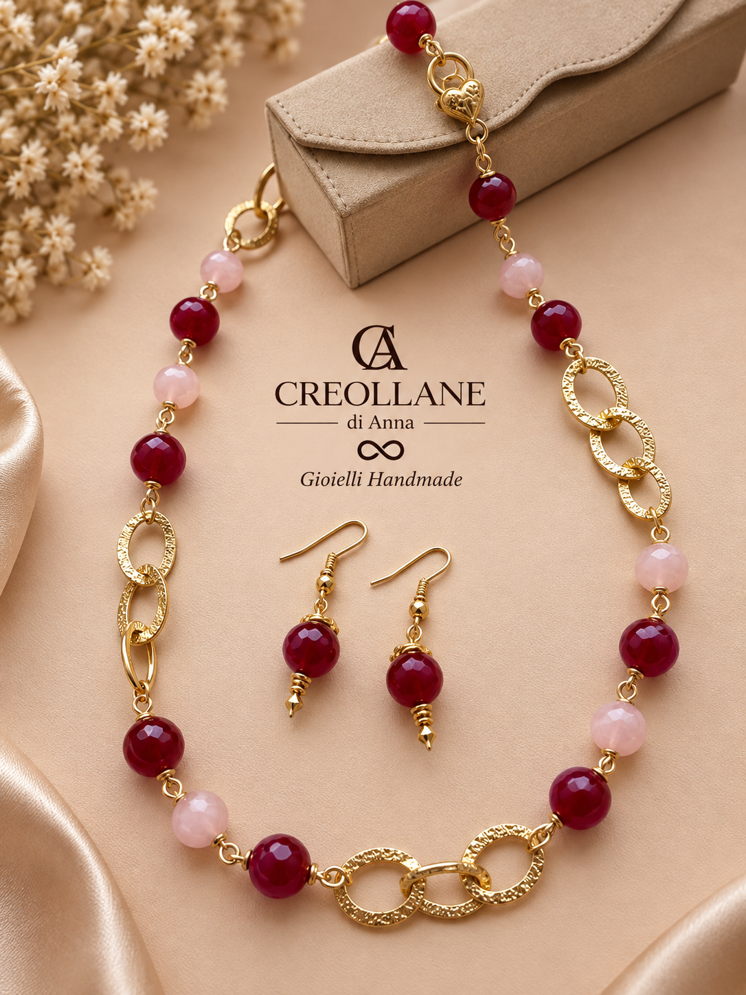 Collana e Orecchini Quarzo Rosa e Radice di Rubino | Made in Italy