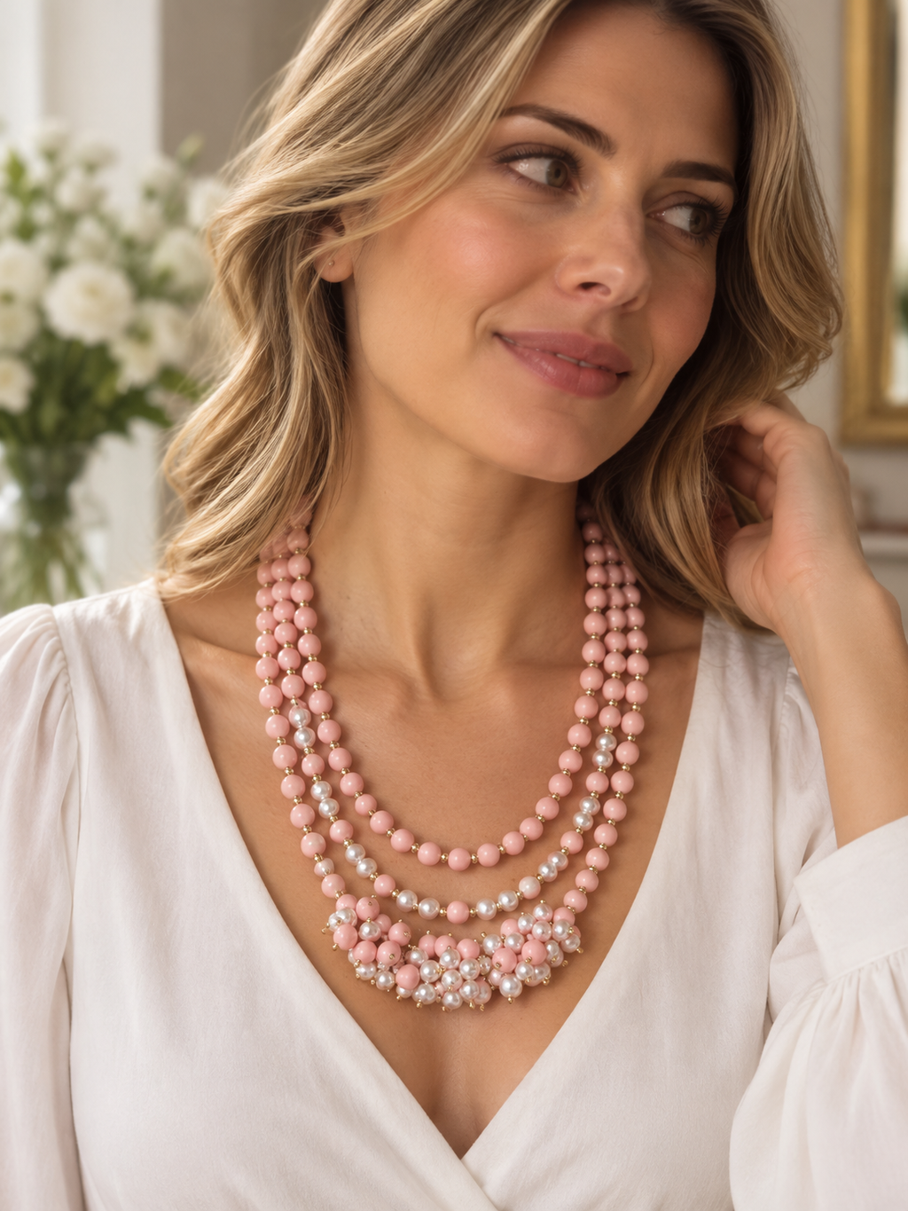 Collana Multifilo Perle di Maiorca Rosa, Ematite e Perle di Fiume | Made in Italy