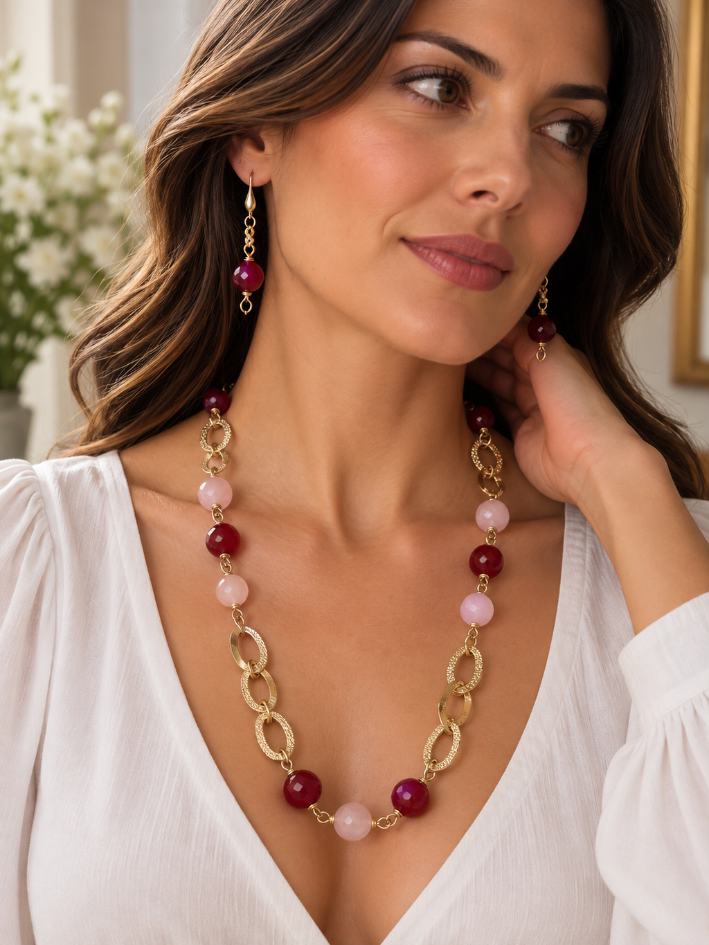 Collana e Orecchini Quarzo Rosa e Radice di Rubino | Made in Italy