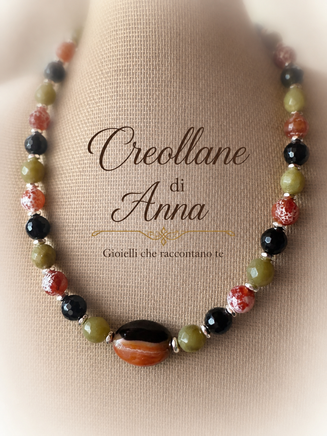 Collana Girocollo Pietre Naturali – Agata Pelle di Serpente, Serpentino, Onice Nero e Ematite Silver