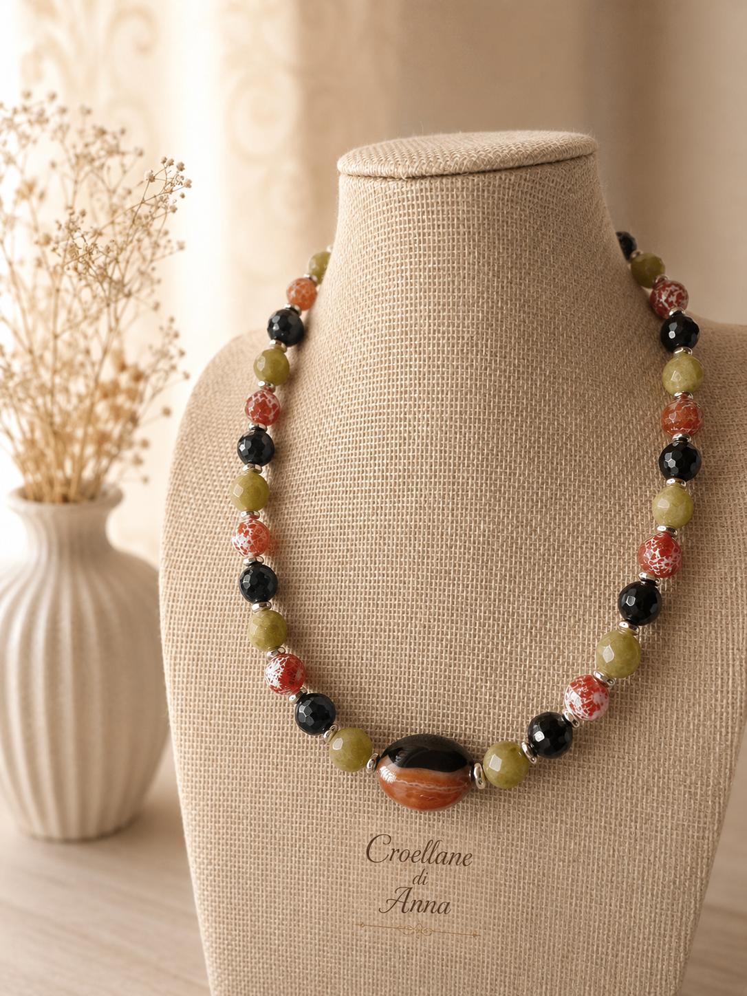 Collana Girocollo Pietre Naturali – Agata Pelle di Serpente, Serpentino, Onice Nero e Ematite Silver