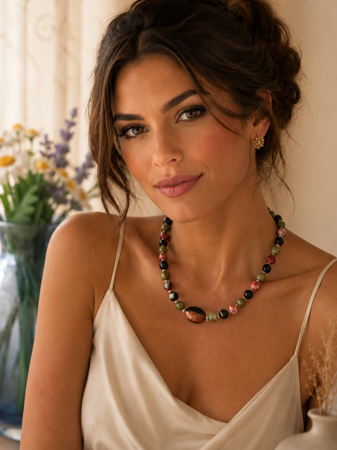 Collana Girocollo Pietre Naturali – Agata Pelle di Serpente, Serpentino, Onice Nero e Ematite Silver