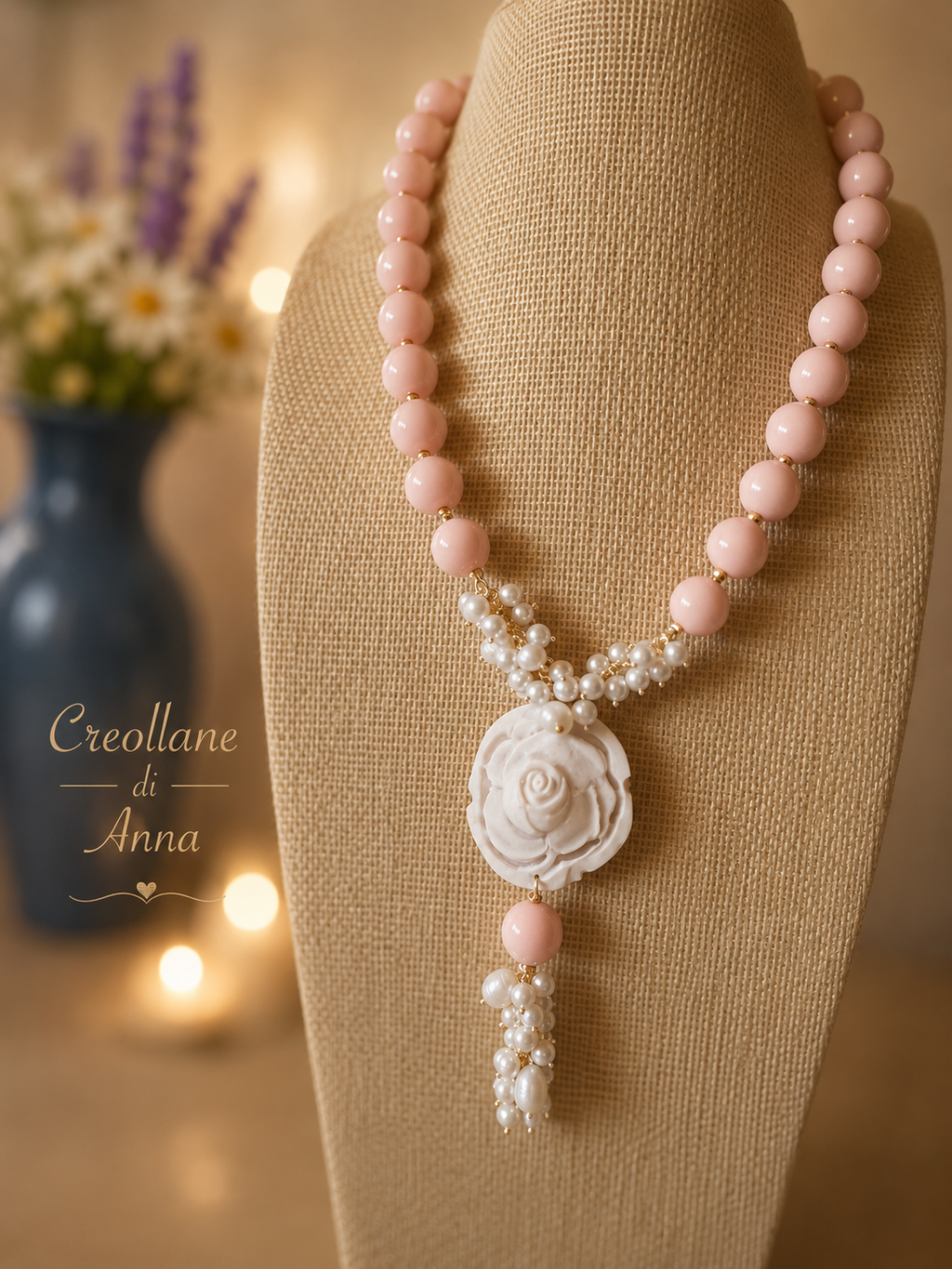 Collana Pietre Naturali – Opale Rosa, Perle di Maiorca e Cameo in Conchiglia con Ciondolo | Made in Italy