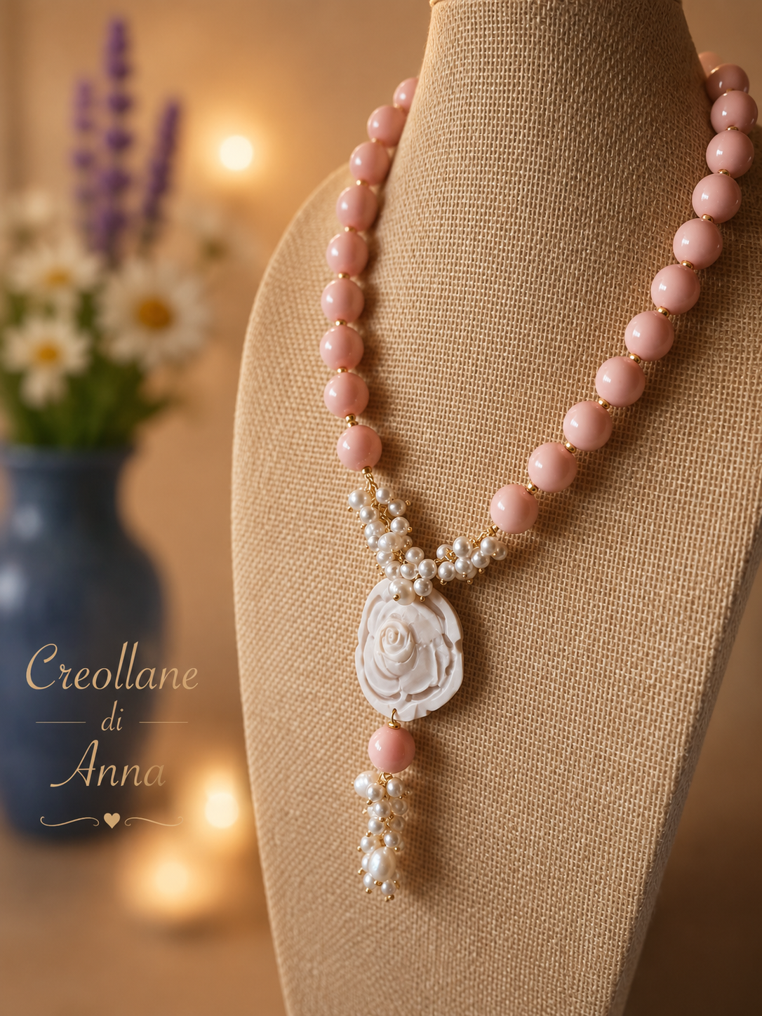 Collana Pietre Naturali – Opale Rosa, Perle di Maiorca e Cameo in Conchiglia con Ciondolo | Made in Italy