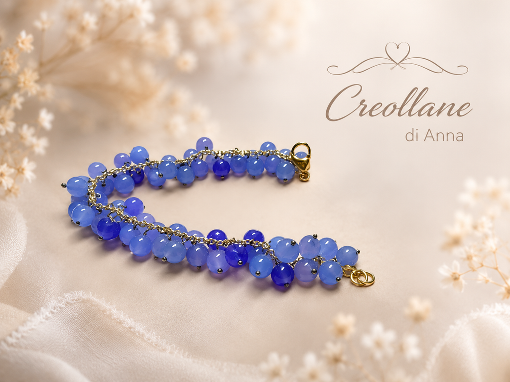 Bracciale Donna Artigianale Handmade | Calcedonio Blu Sfere Tonde 4mm su Catena | Made in Italy