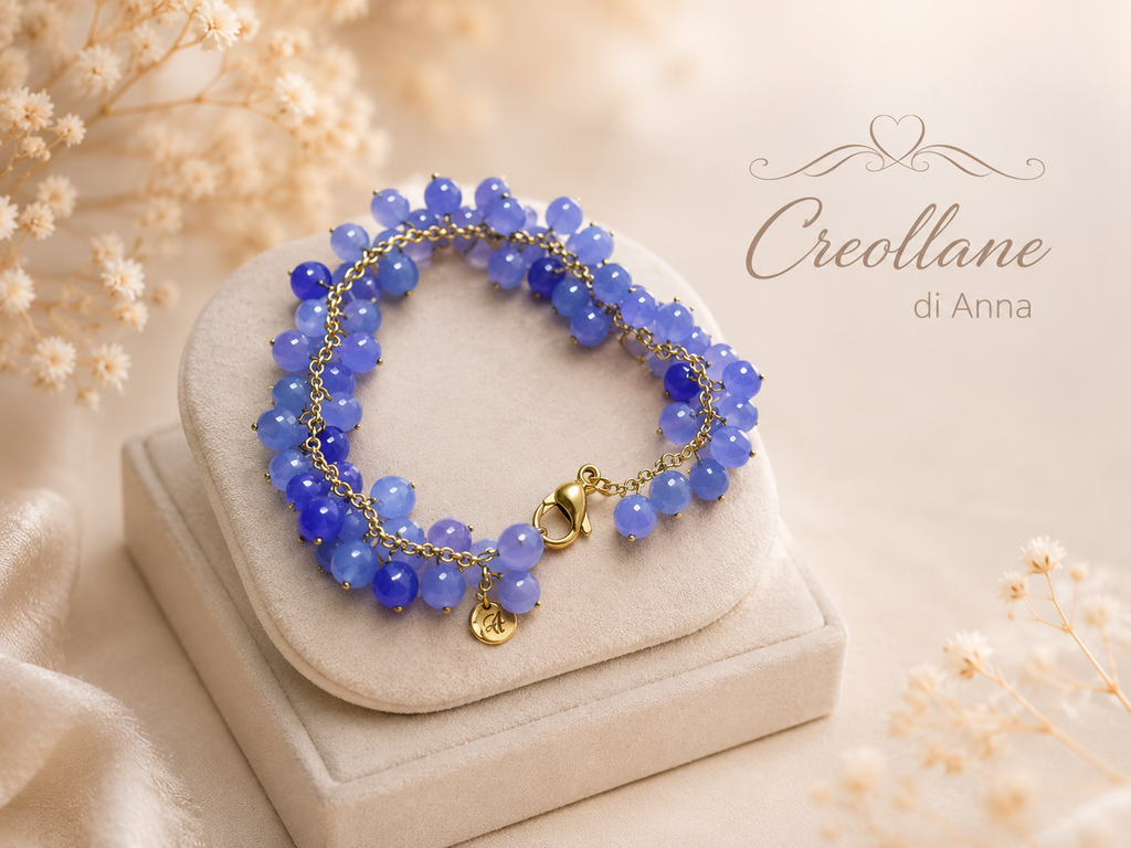 Bracciale Donna Artigianale Handmade | Calcedonio Blu Sfere Tonde 4mm su Catena | Made in Italy