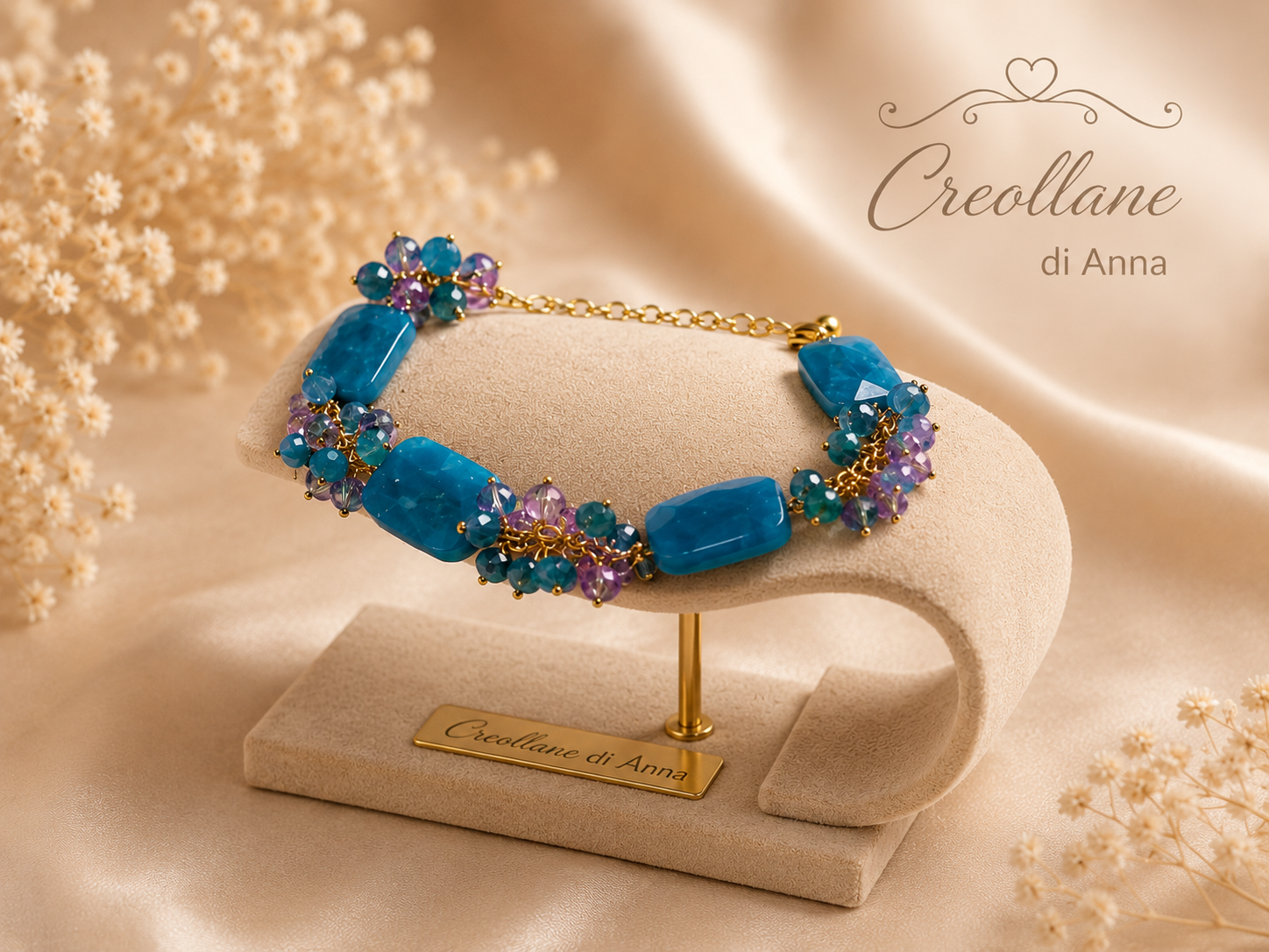 Bracciale Donna Artigianale Handmade | Calcedonio Blu Rettangolare e Cristalli Ottanio e Viola | Made in Italy
