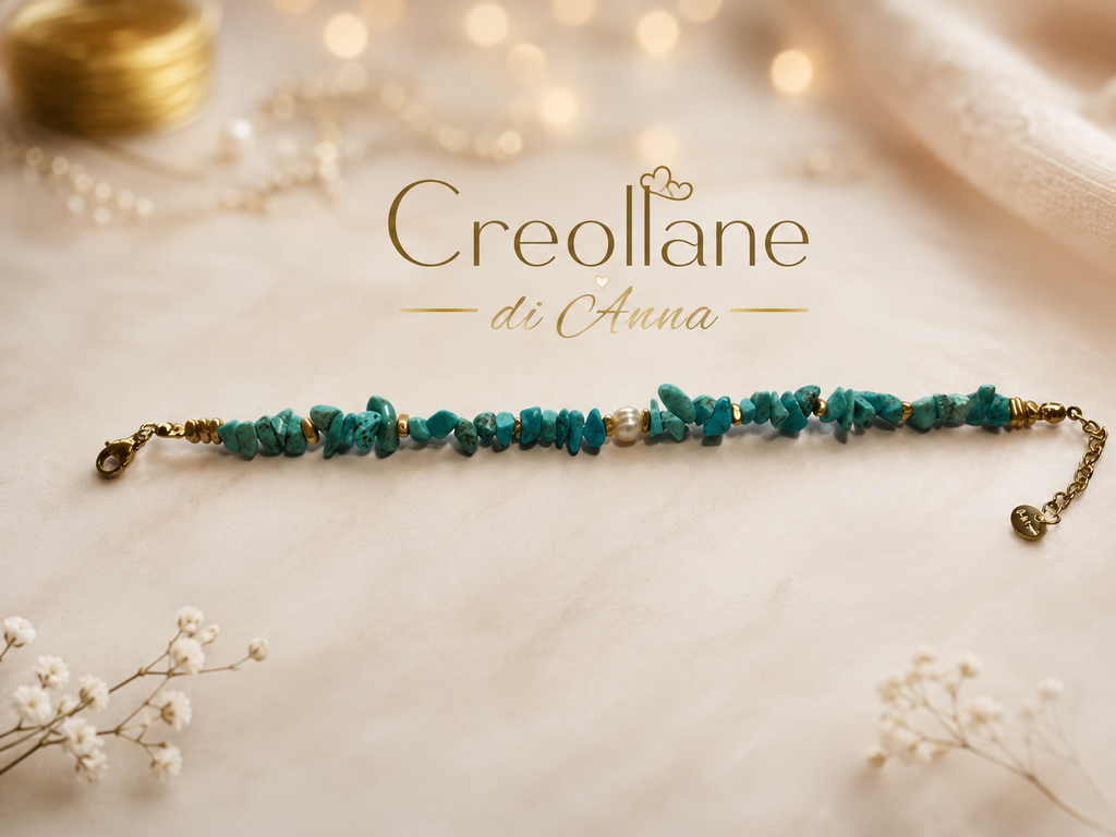 Bracciale Donna Artigianale Handmade | Turchese Grezzo Irregolare e Perline Dorate | Made in Italy