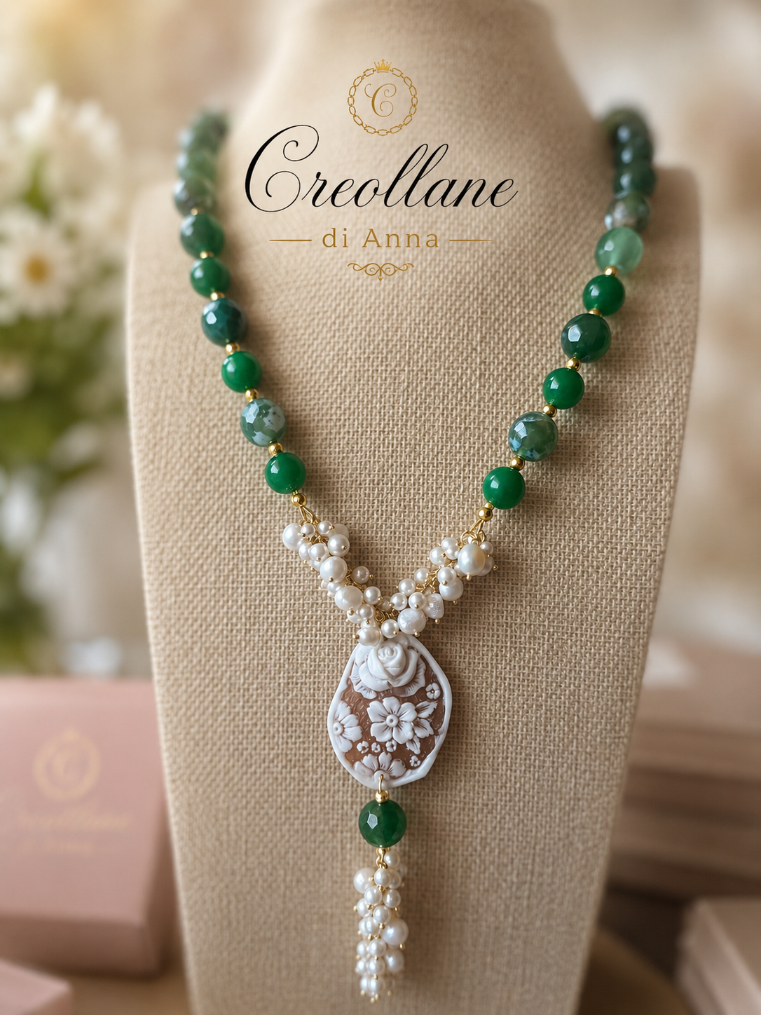 Collana Artigianale Handmade | Crisoprasio, Perle Naturali e Cameo in Conchiglia | Made in Italy