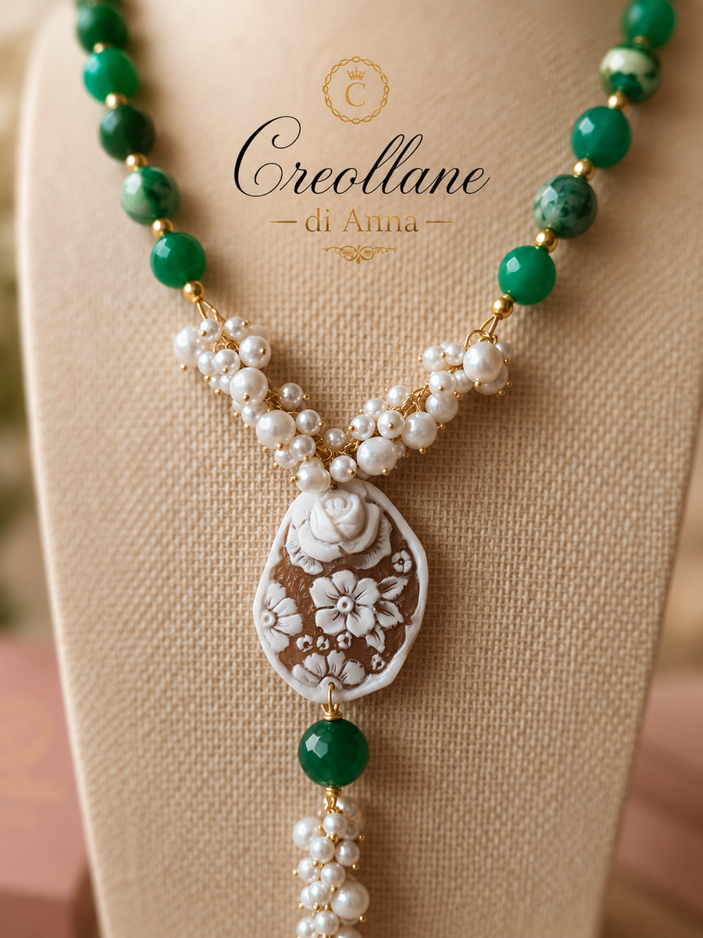 Collana Artigianale Handmade | Crisoprasio, Perle Naturali e Cameo in Conchiglia | Made in Italy
