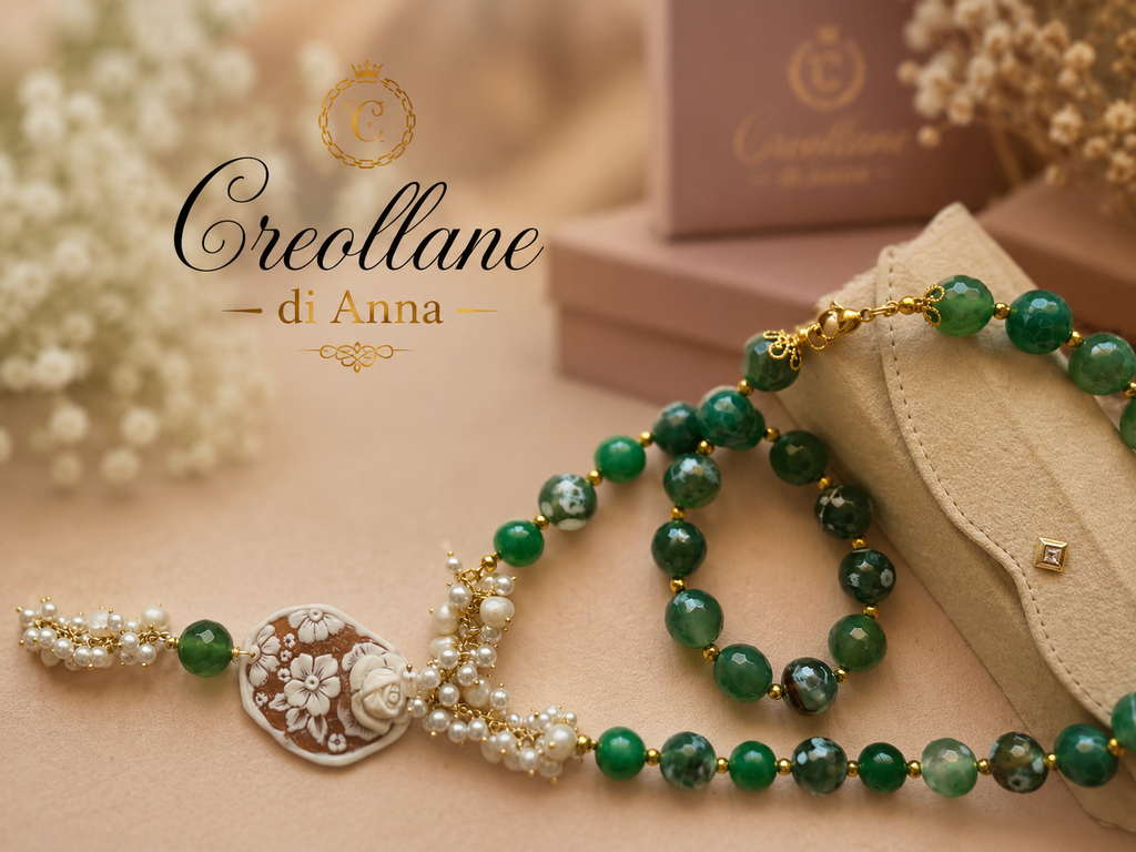 Collana Artigianale Handmade | Crisoprasio, Perle Naturali e Cameo in Conchiglia | Made in Italy