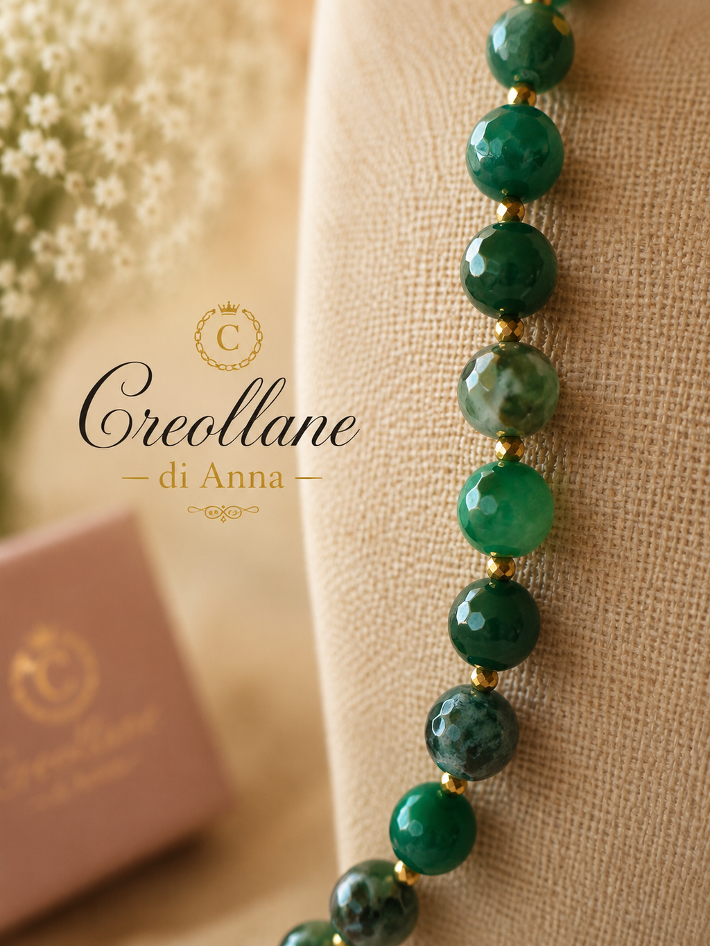 Collana Artigianale Handmade | Crisoprasio, Perle Naturali e Cameo in Conchiglia | Made in Italy